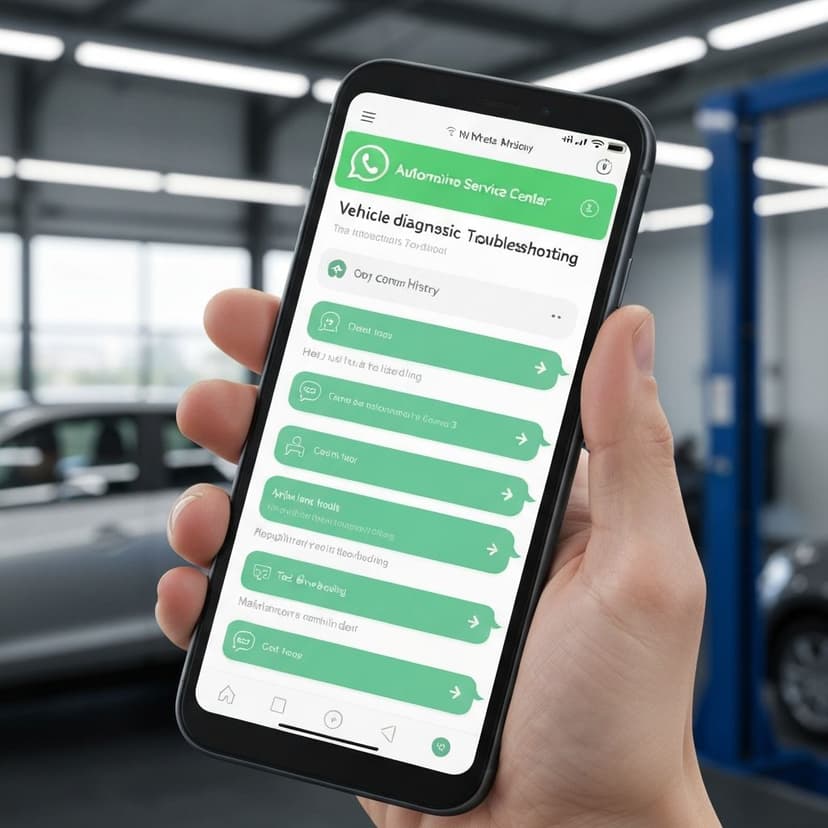 Automotive WhatsApp chatbot interface showing vehicle service appointment scheduling, diagnostic troubleshooting, test drive booking, and automated maintenance reminders with RCS rich media
